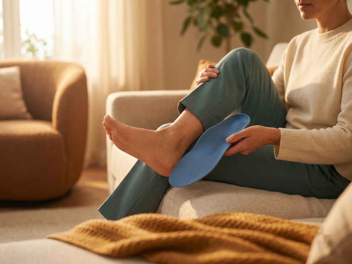 Person holding a blue arch-support insole beside their bare foot to compare the shape