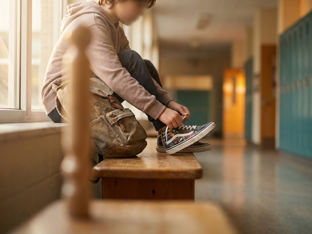 Child sitting on a school bench lacing up sneakers, seen from the side
