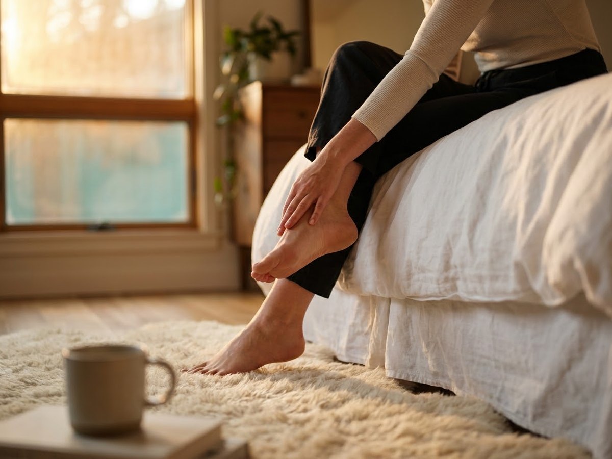 Person sitting on the edge of a bed in the morning, holding one heel with both hands