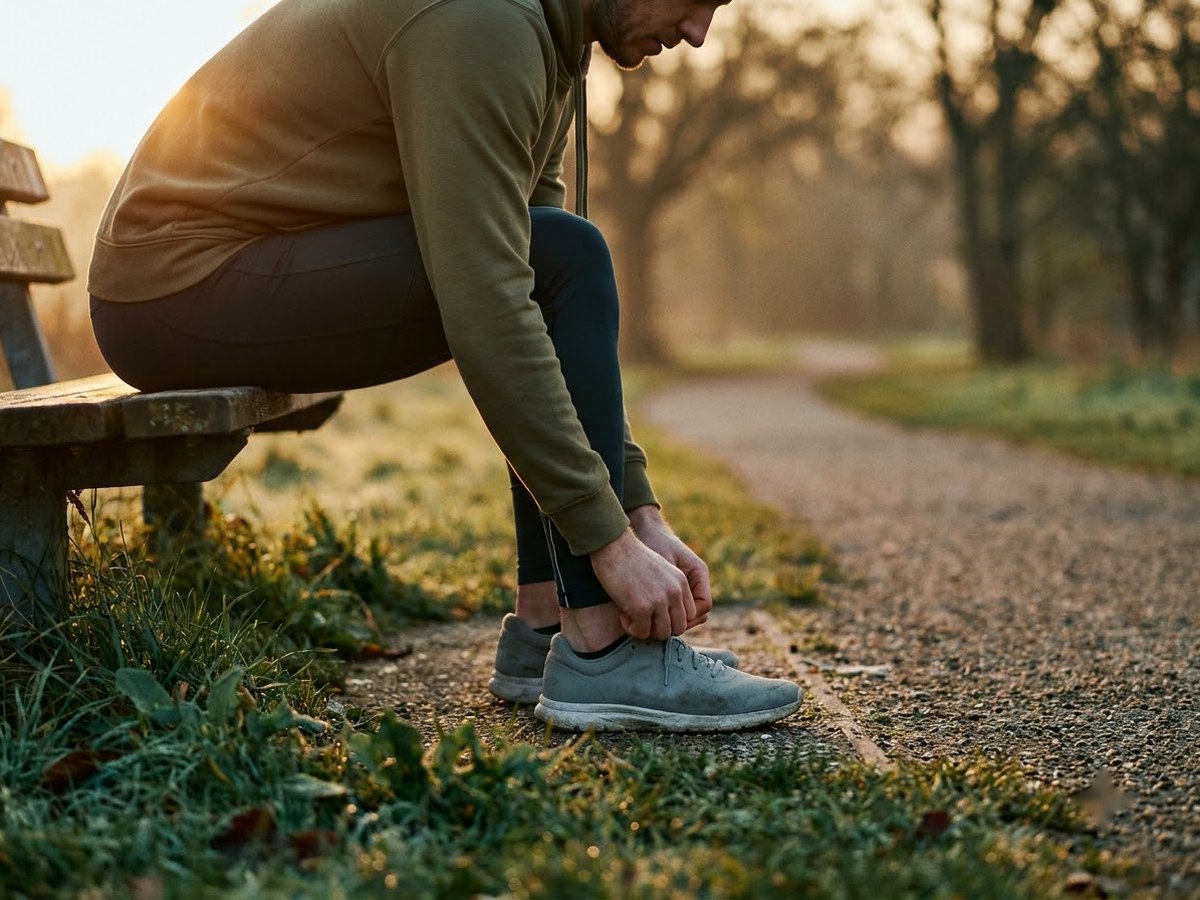 Runner tying a neutral running shoe on a park bench before a morning run