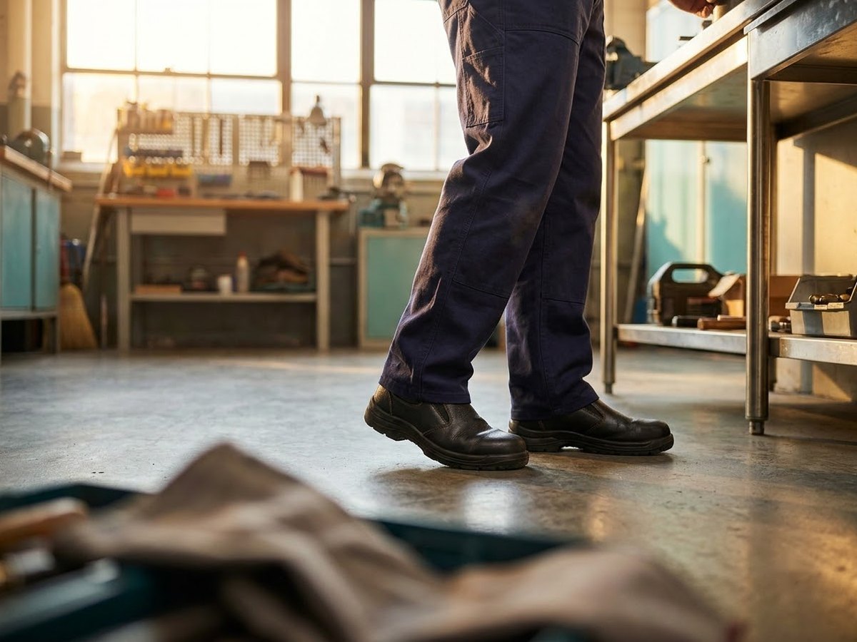 Worker in comfortable work shoes standing at a workbench on a polished concrete floor