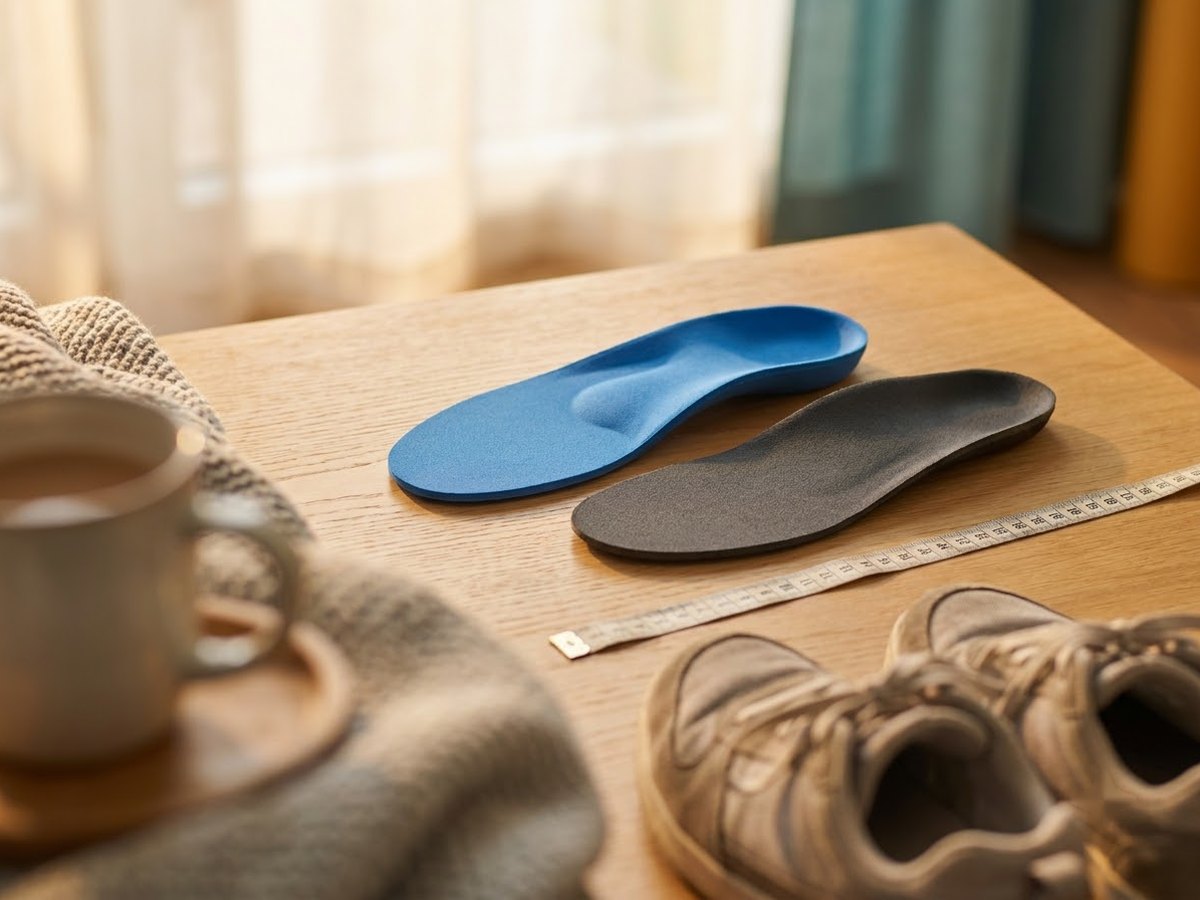 Two unbranded orthotic insoles side by side on a wooden table, one blue and one dark grey