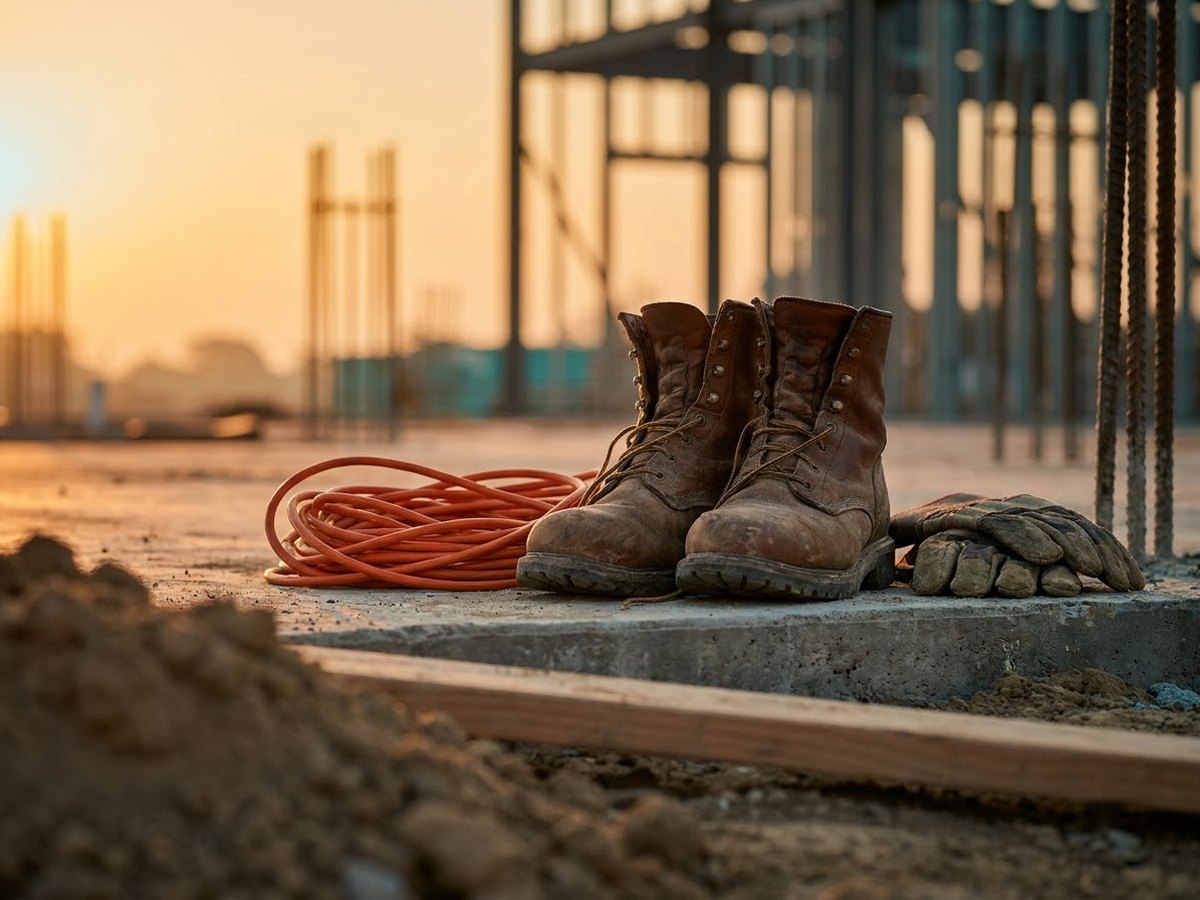 Pair of worn leather work boots on a concrete floor at a construction site
